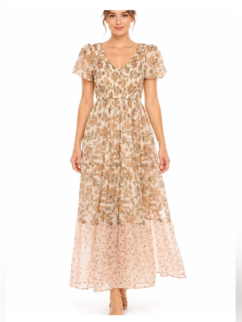 Floral Tiered Maxi Dress in Blush